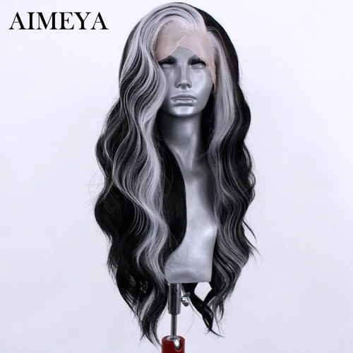 Imagen 2 del producto AIMEYA-Peluca de cabello sintético de fibra resistente al calor, postizo de encaje Frontal, color blanco, negro, Highligh