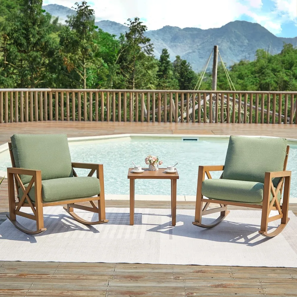 

Rocking Bistro Set, 3 Piece Outdoor Patio Conversation Furniture Set with 2 Rockers and 1 Metal Coffee Table with Thick Cushion