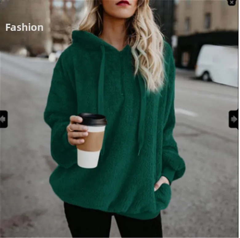 Pull à capuche décontracté pour femme et fille, manteau en velours, de rue, en Polyester, Long, coupe ample, une seule pièce, automne et hiver