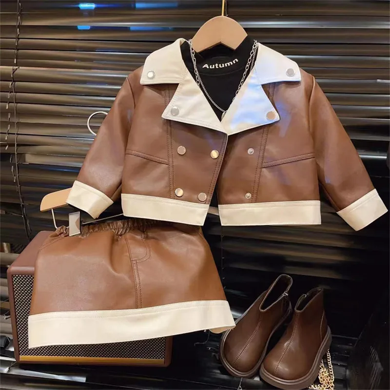 

Girls Fashionable Leather Jacket And Skirt Set Spring Autumn Children's Two Piece Outfit