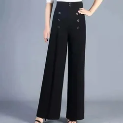 Summer New Double Breasted High Waist Elastic Wide Leg Pants Women Solid Fashion Simple Breathable Thin Loose Straight Trousers
