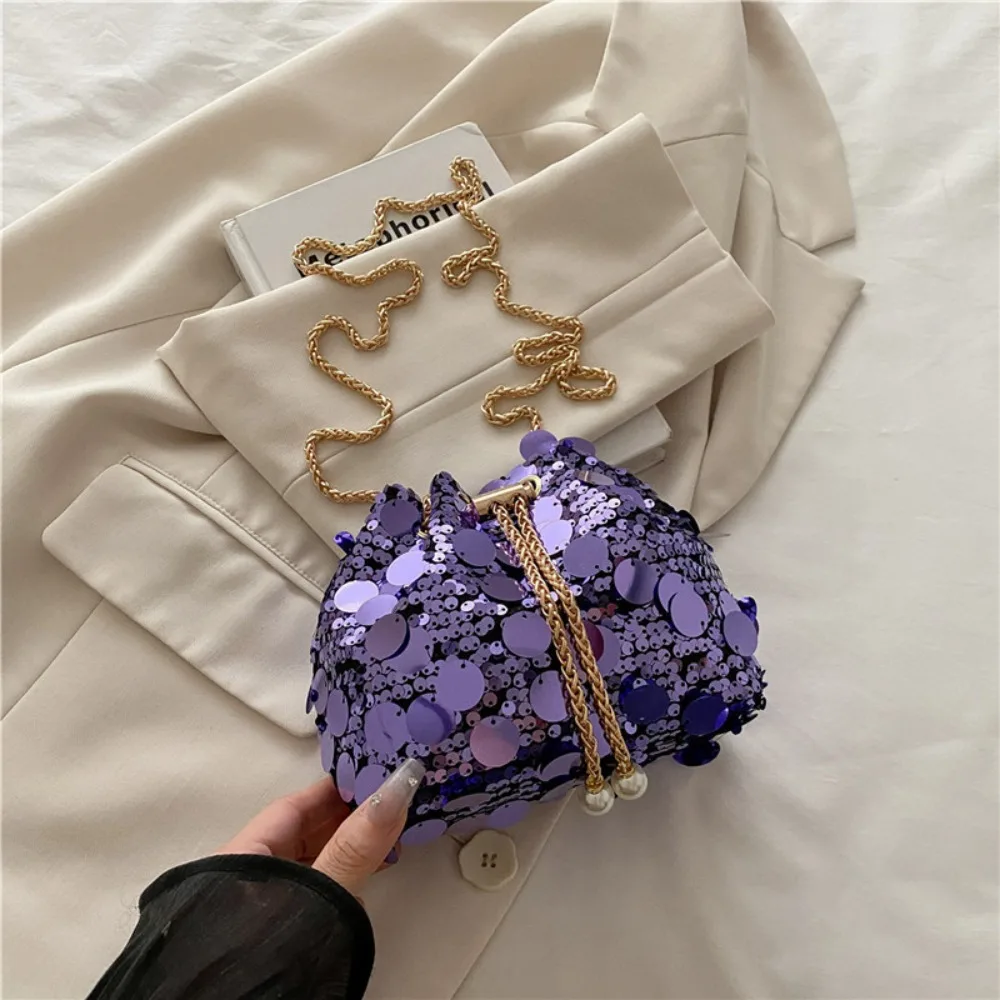 

French Shiny Evening Banquet Bag Glitter Handbag Sequin Shoulder Bag Blingbling Metal Chain Mini Bucket Bag Women