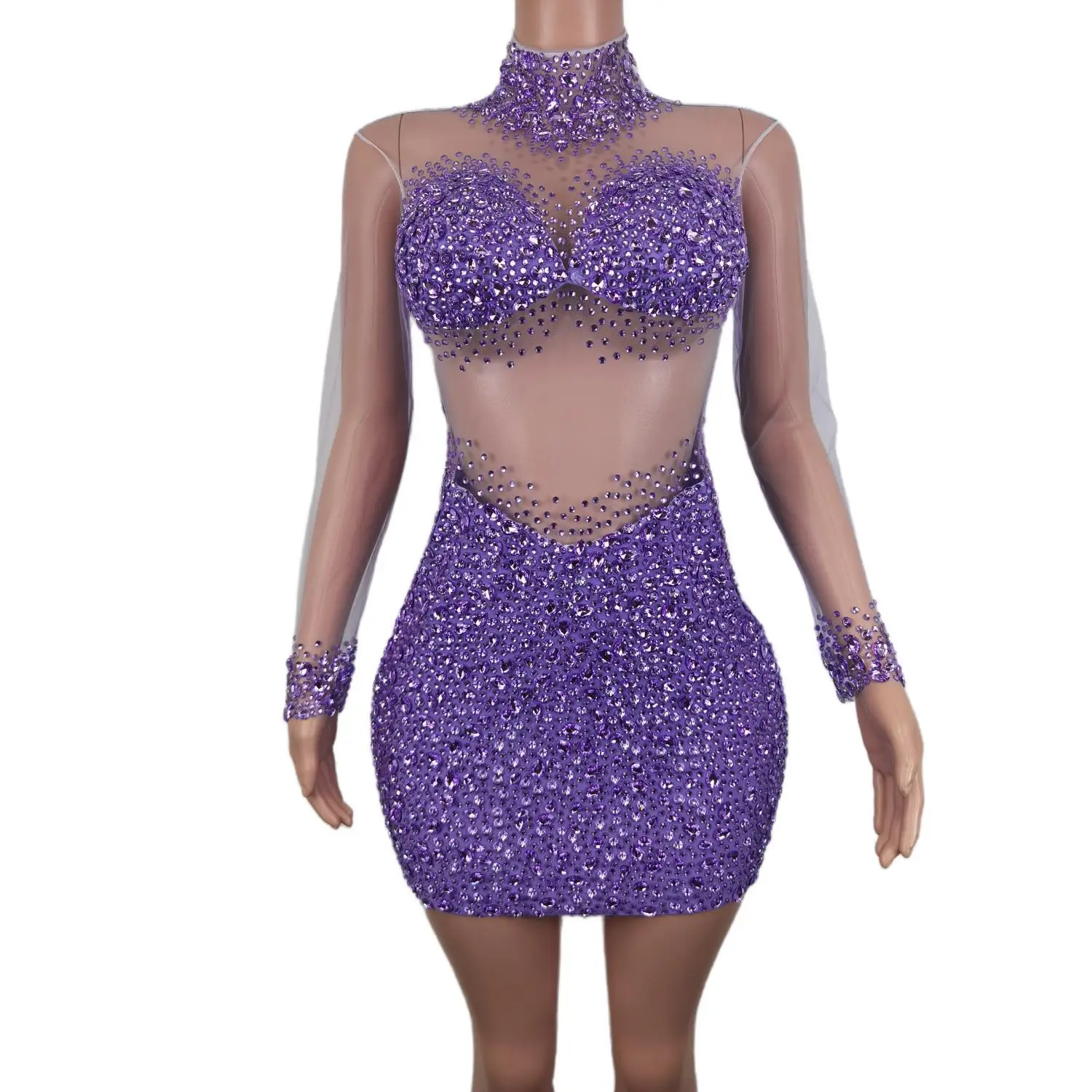 Sexy Mesh Transparent Stones Short Dress Birthday Party Prom Outfit Fashion Women Rhinestones Singer Team Performance Costumes