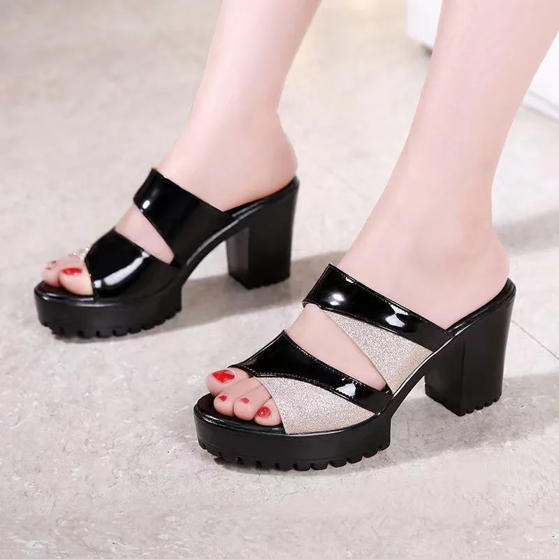 2023 summer new women's fashion casual PU high-heeled shoes women's commuting slippers elegant and comfortable