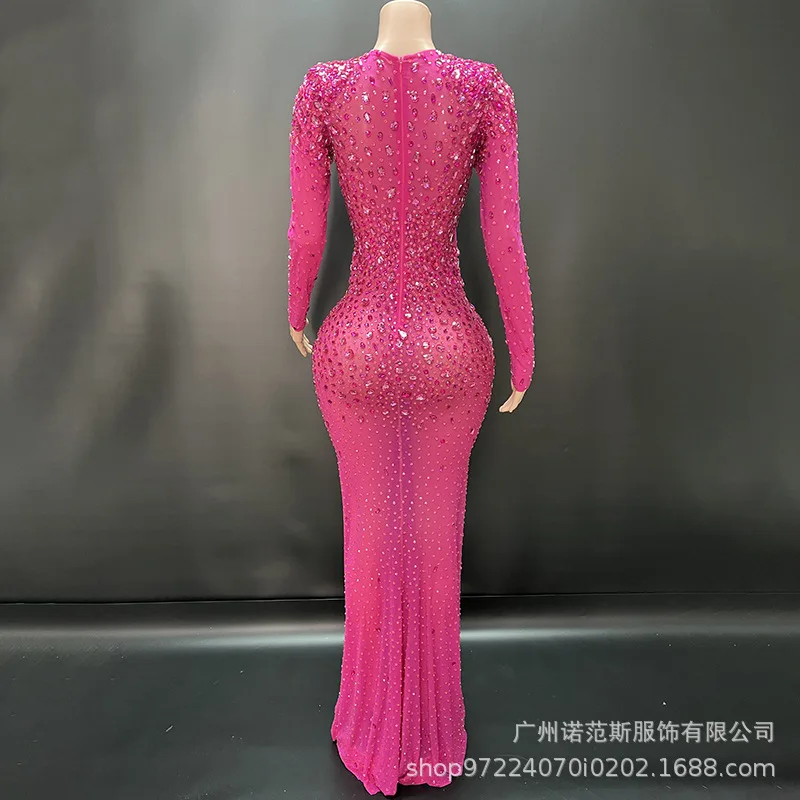 High-end Rose Red Sparkling Diamond Temperament Long Dress Party Women High-end Dress Dragon Fruit Kleider Für Besondere Anlässe