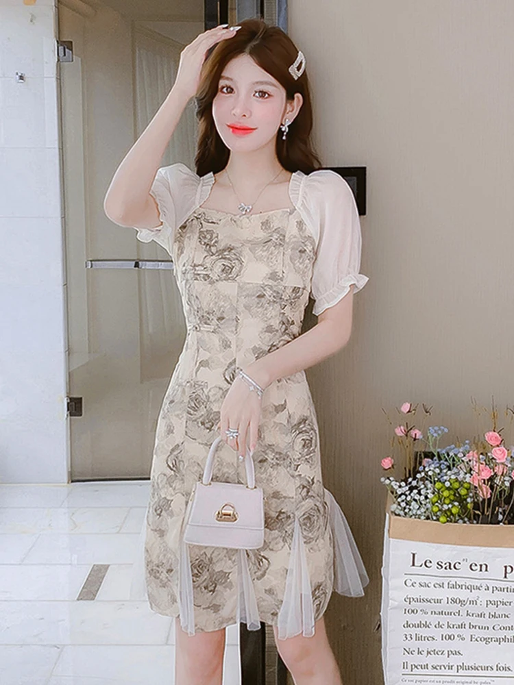 

New Summer Elegant Women Dress Lady Chic Chiffon Sweet Floral Square Collar Slim Midi Dresses Party Mujer Vestido Street Clothes