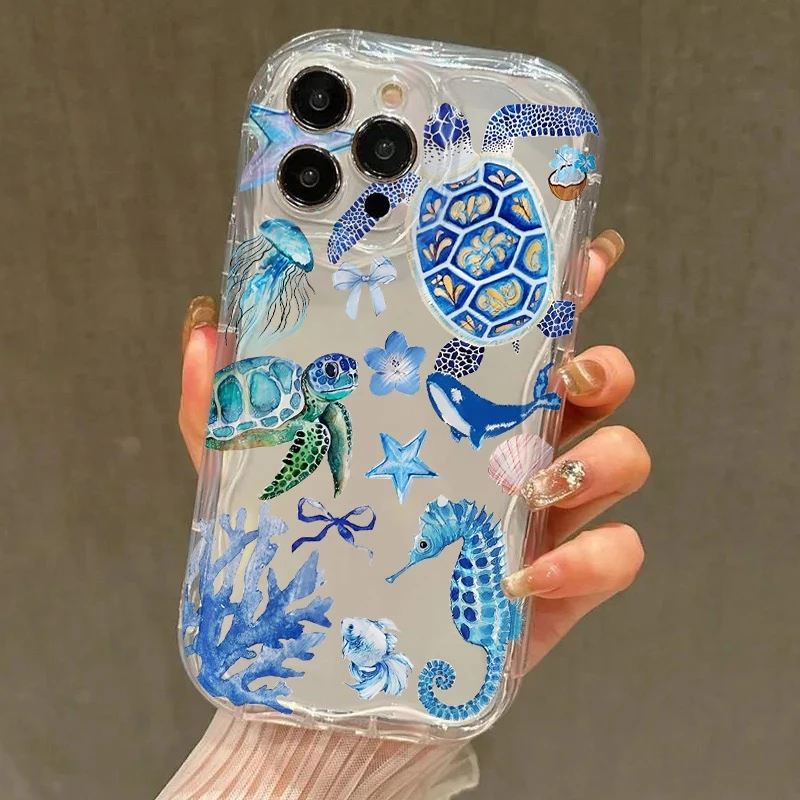 

Sea turtle Seahorse Starfish Pattern Clear Phone Case For Xiaomi 14T Pro 13 12 11 Lite 5G 15 14 13 12 11 Shockproof Soft Cover