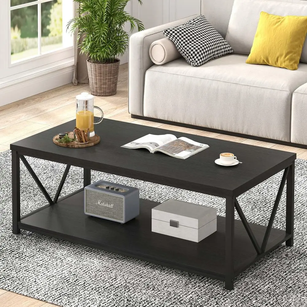 

Black Coee Table, ern Wood and Metal Living Room Table with Storage Shel, 47 Inch
