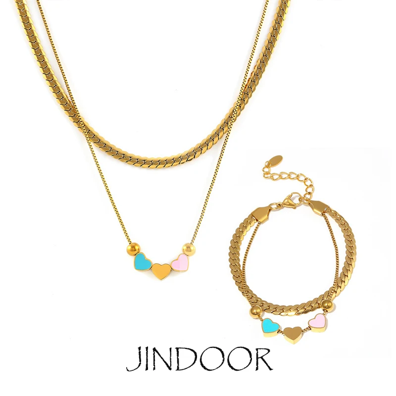 JINDOOR Colorful Enamel Heart Double Layer Necklace Set, Vintage Dainty Titanium Steel Jewelry, Trendy Luxury Women Accessories