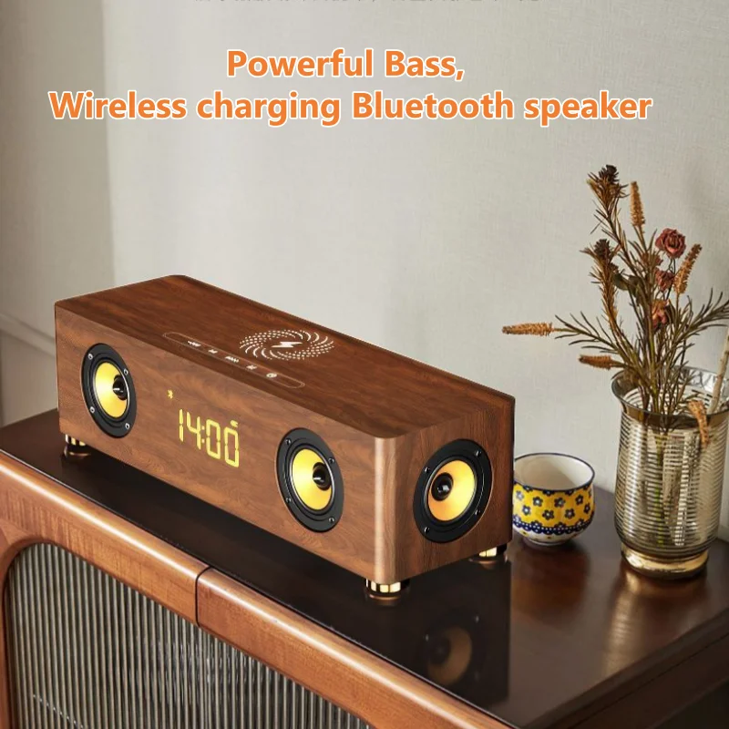 4 Speakers Wooden Bluetooth Speaker Sound Bar TV Echo Wall Home Theater Sound System 3D Stereo Alarm Clock Sound Bar for PC/TV