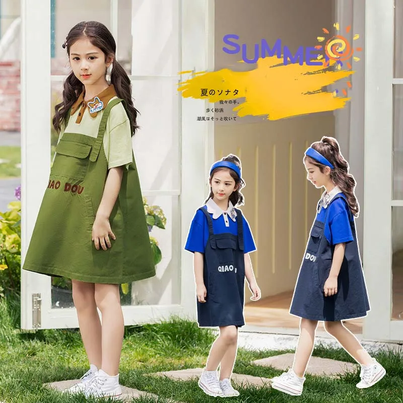 

JUCPKID 2024 Korean Summer Children Girl Dress Teenager Girl Contrast Fake Two Pieces A-line Dress School Girl Suspender Dress