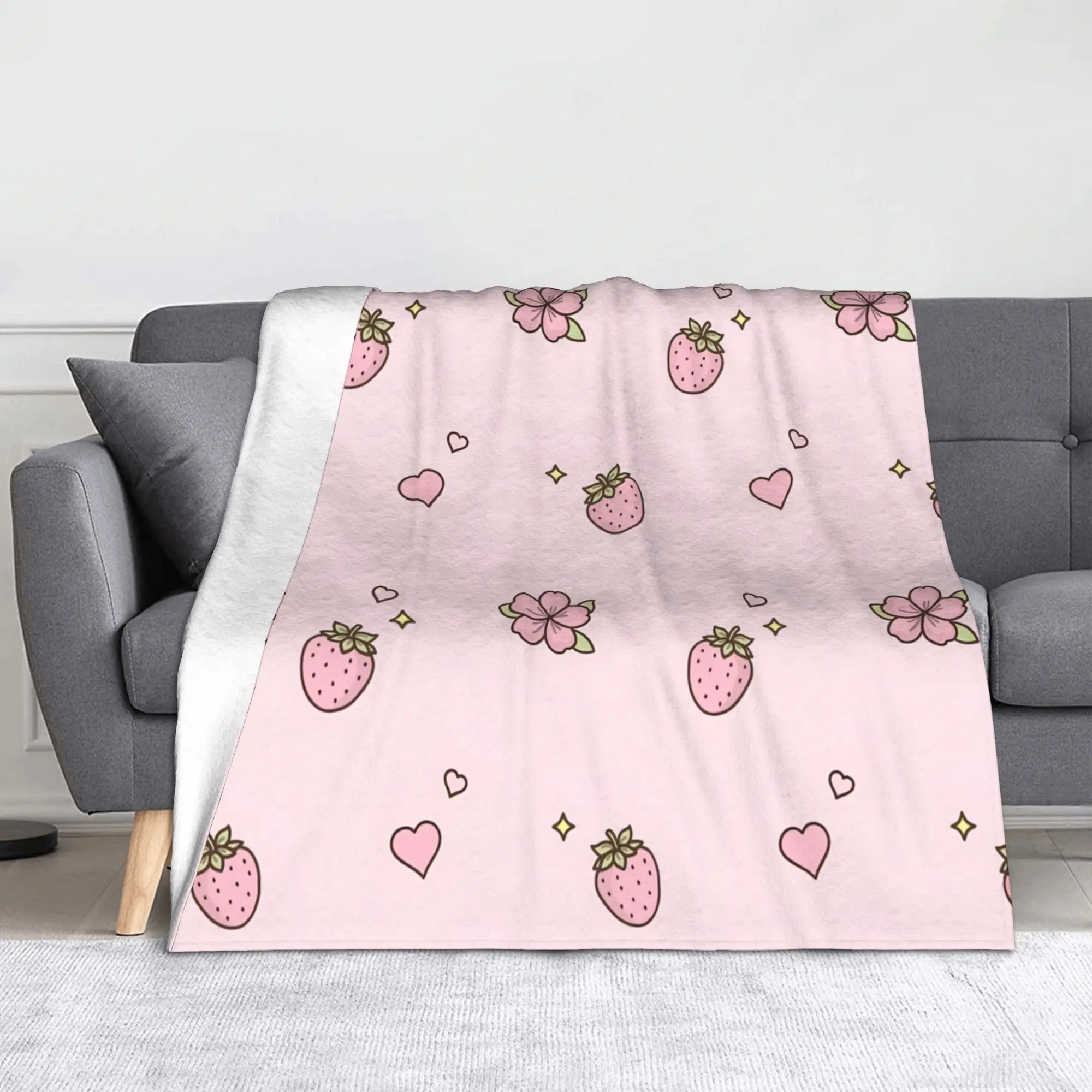 Strawberry Floral Valentine Cute Pink Pastel Flannel Throw Blanket  Blankets for Bed Travel Super Soft Bedroom Quilt