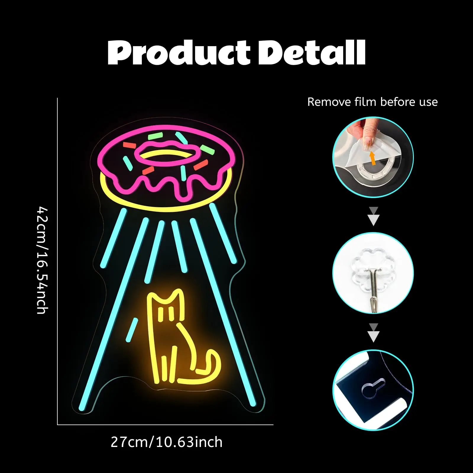 독점 네온 고양이 우주선 LED 사인 - 조광 가능한 패널 디자인 |   도넛 & UFO 요소 |   디저트 가게용 USB 전원 벽 장식