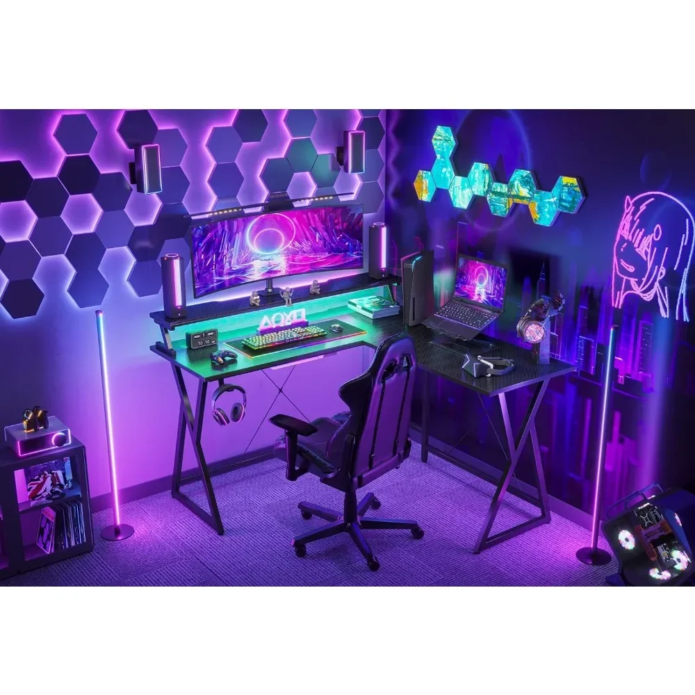 40-47 Inch Gaming Corner Desk with LED Strip and Large Monitor Stand, Ergonomic Gaming Table, Gamer Desk, L Shape