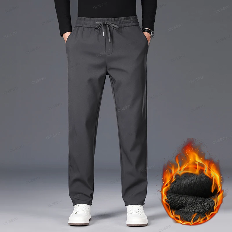 2024 New Winter Fleece Warm Casual Pants Men Business Drawstring Elastic Waist Outdoors Jogging Straight Flocking Trousers Male