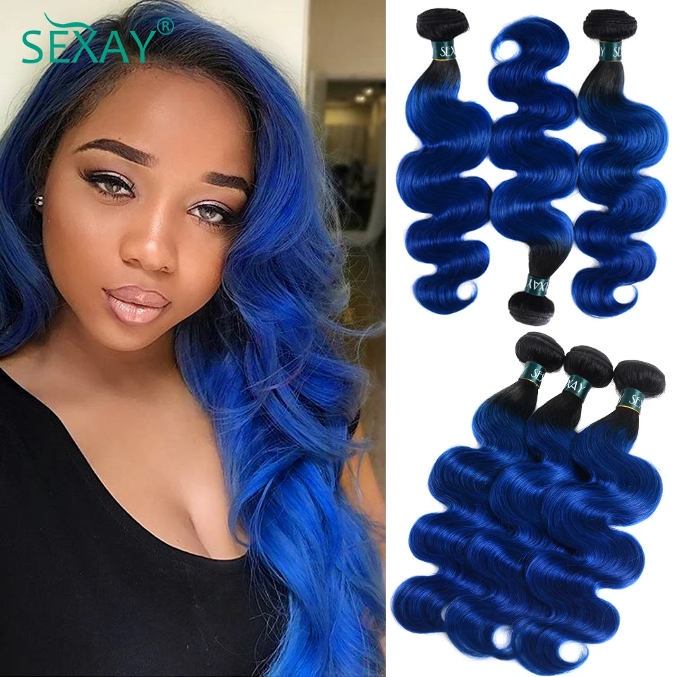 Ombre Blue Body Wave Human Hair Weave Bundles Sexay Pre Colored 2 Tone 1B Blue Wavy Human Hair Weft Extensions For Black Women