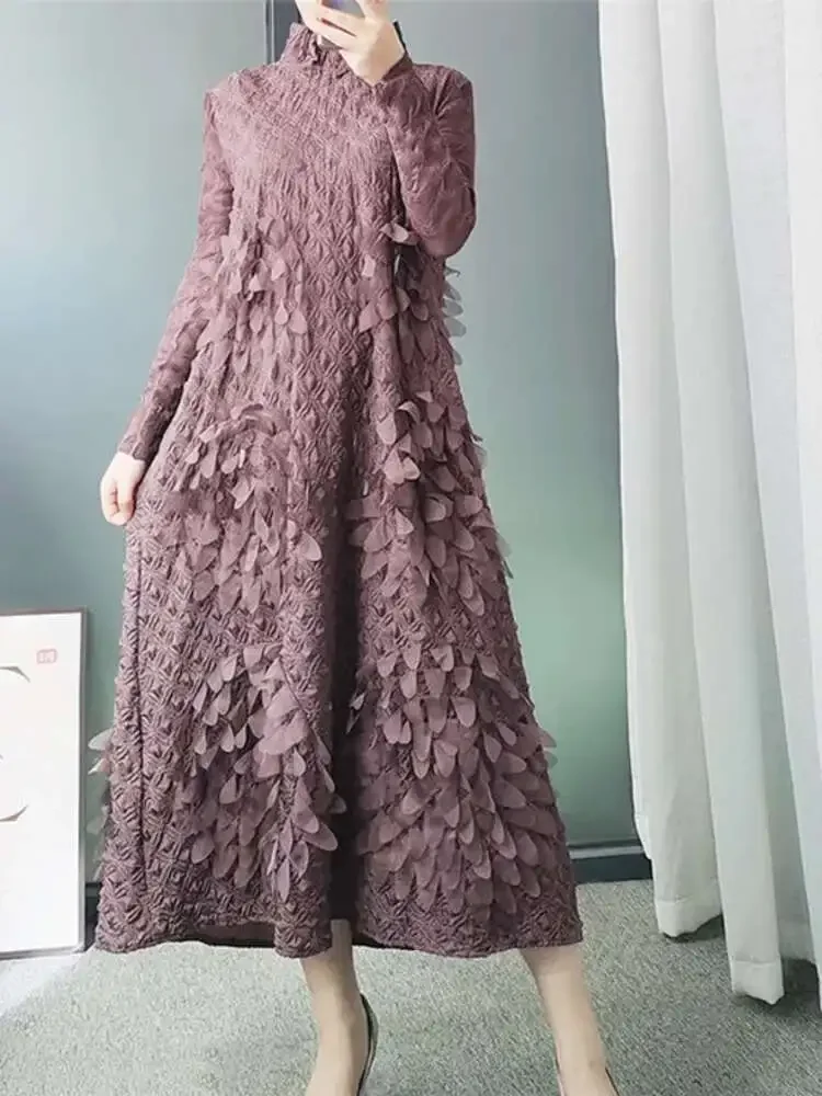 

Miyake 2025 Summer Women's Fashion Casual Pleated Solid Colour Midi Dress Long Sleeve Stereoscopic Flower High Neck Loose Dress