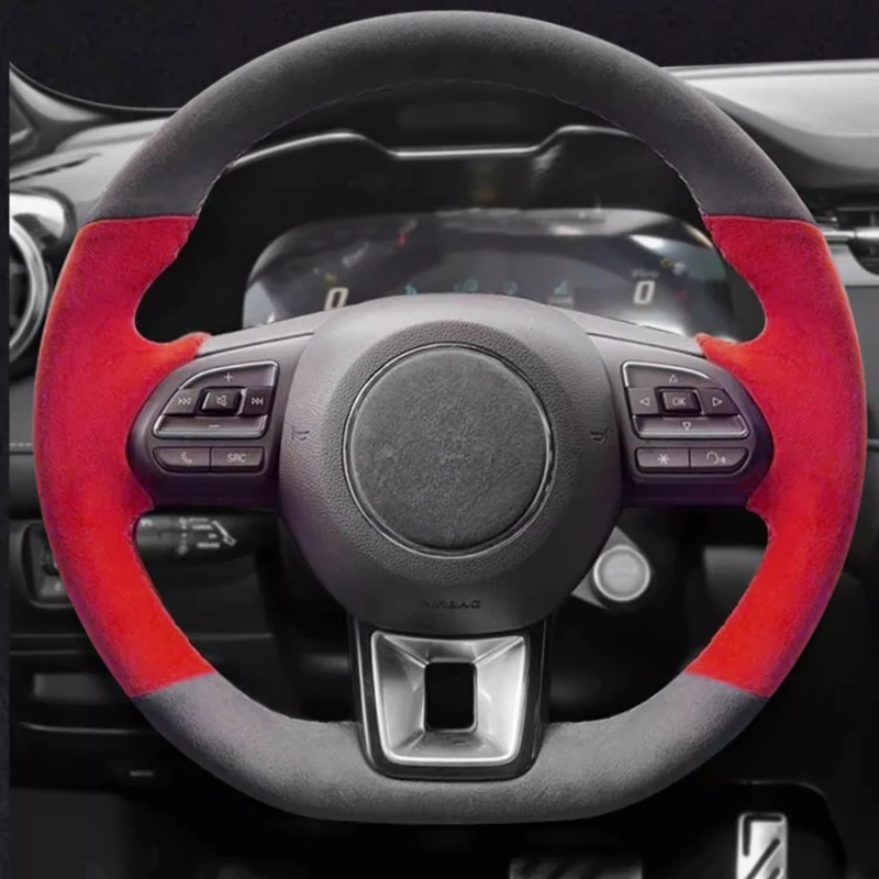 

For MG 5 6 RX5 RX8 ZS EV 2018-2023 Hand-stitched Gray red Suede non-slip Car Steering Wheel Cover