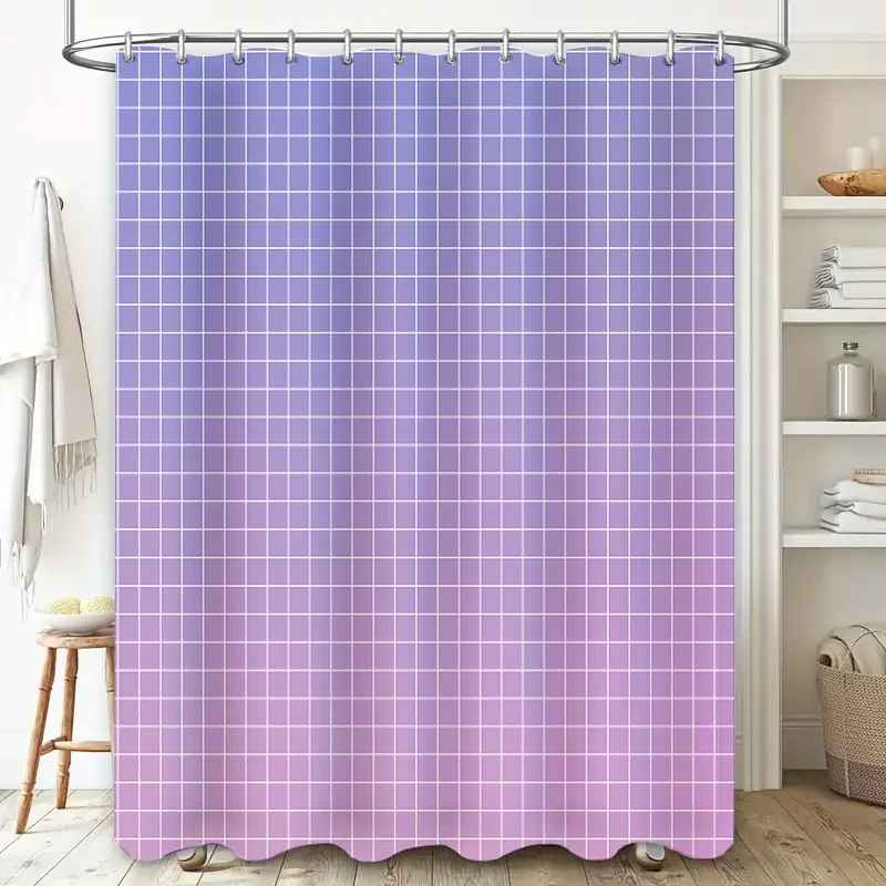 ‌Stylish Purple Grid Waterproof Shower Curtain Modern Bathroom Decor Water Repellent Fabric Easy to Clean with Hooks Included