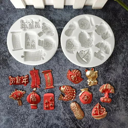 새해 중국 폭죽 랜턴, 행운의 고양이 슈가 케이크, 실리콘 몰드 홈 베이킹 액세서리, 초콜릿 몰드 