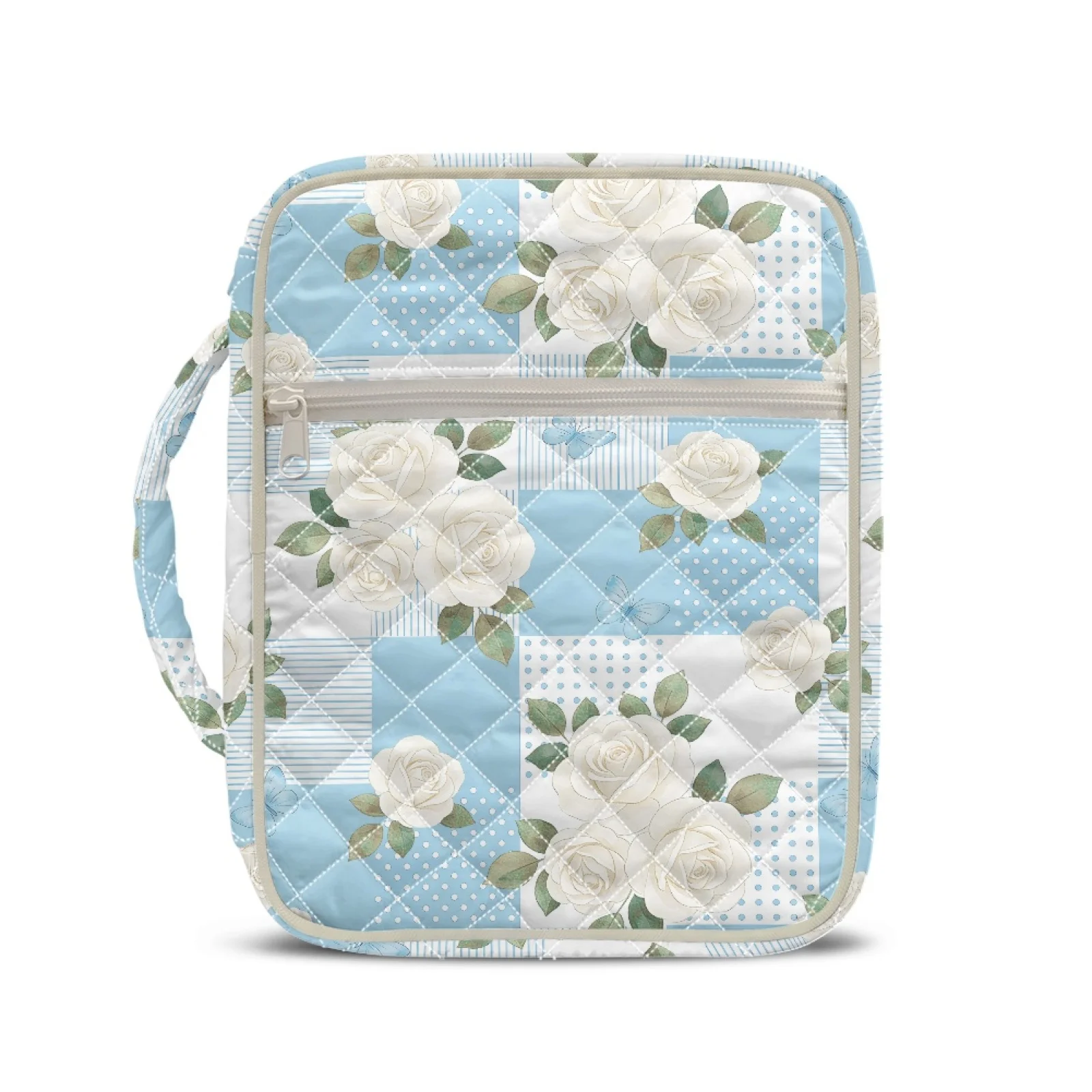 Coloranimal Blue Check Rose New Arrival Quilted Bible Cover Case Polyester Fabric Durable Handle Book Protector for Daily Use