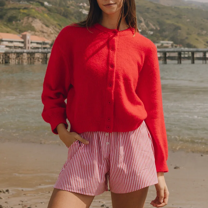 

2025Осенний новый облегающий однобортный вязаный свитер с круглым вырезом и длинными рукавами в европейском и американском стиле