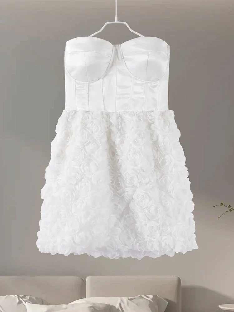 Letnia Sukienka 3D Kwiatowa z Odkrytymi Ramionami Damska Sexy Bez Pleców Top Tube Mini Jupe Elegancka Dama Elegancka Wieczorowa Sukienka Bandage