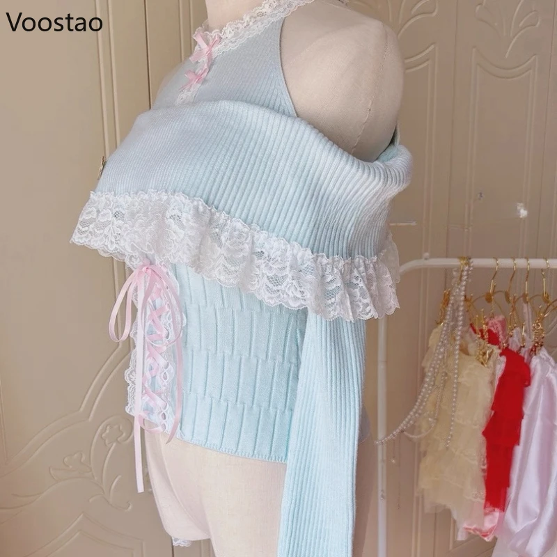 일본 카와이 로리타 스타일 니트 풀오버 여성 가을 ​​달콤한 레이스 프릴 붕대 오프 숄더 스웨터 여성 귀여운 슬림 탑