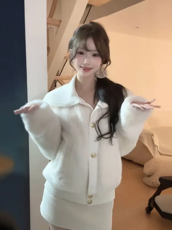 

Chic ort Knitted Sweater with Large Collar for Women Gentle Sle Winter Faion Loose Fit Long Sve Button up Casual Top