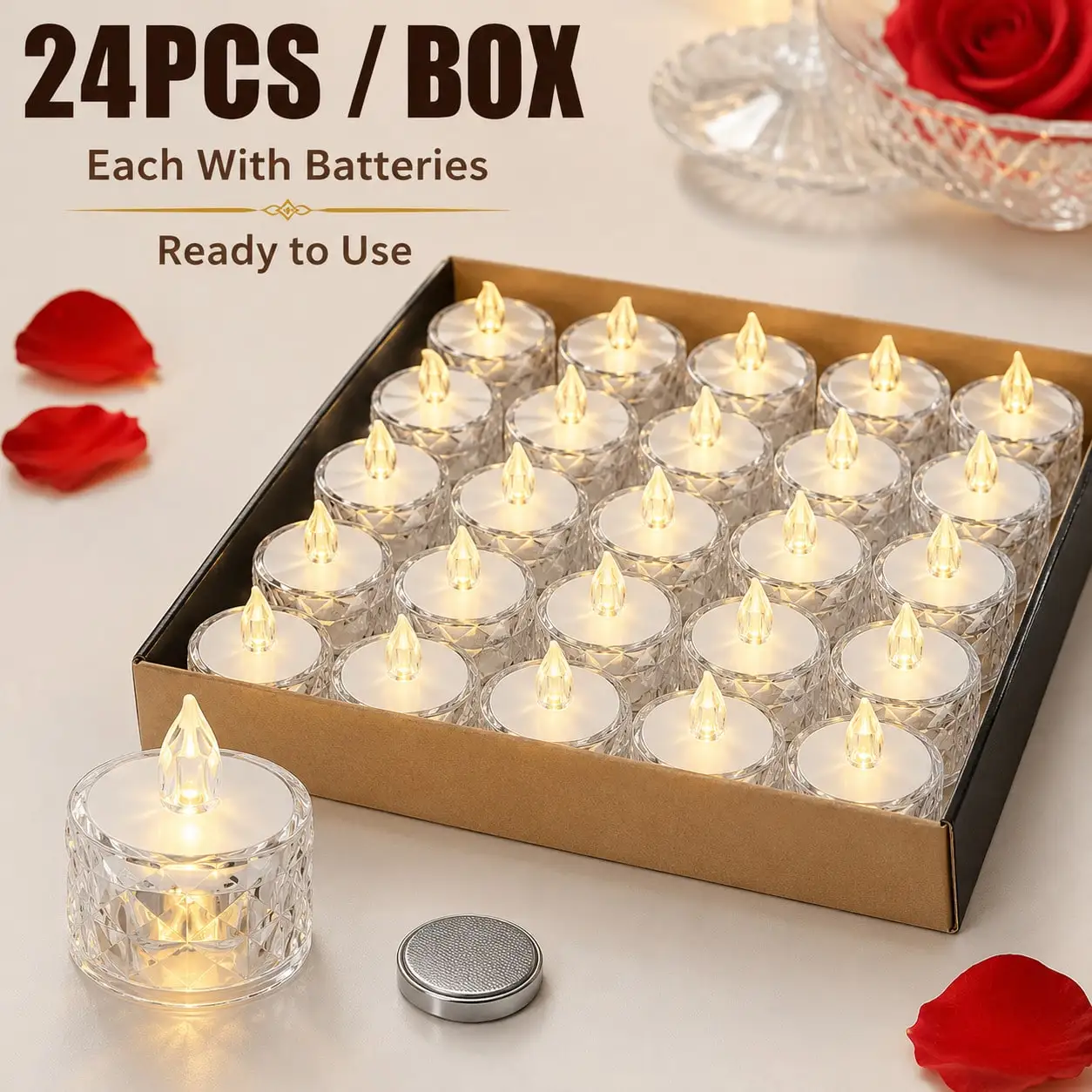 24pcs 24pcs Crystal Look Flameless LED Tea Lights, Battery Operated Warm White Flickering Candles With Pre-Installed Batteries, Decorative Tea Light Candles For Wedding, Valentine's Day, Proposal, Party, Table Centerpiece & Home Decor - Aliexpress Deal