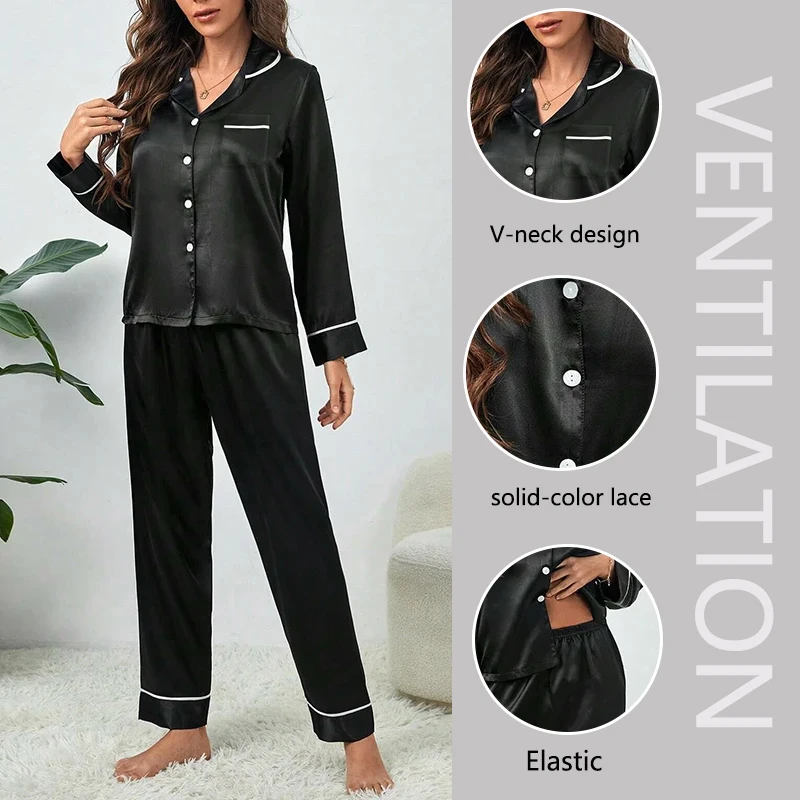 Plus Size Fall and Winter Silk Satin Women Pajamas Set Button down Top & Trousers 2 PCS Set Sleepwear Solid Nightwear Loungewear