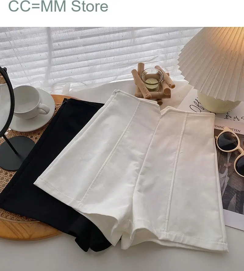 Pantalones cortos blancos y negros para mujer, Shorts informales de cintura alta a la moda coreana, de pierna ancha para oficina, novedad de verano