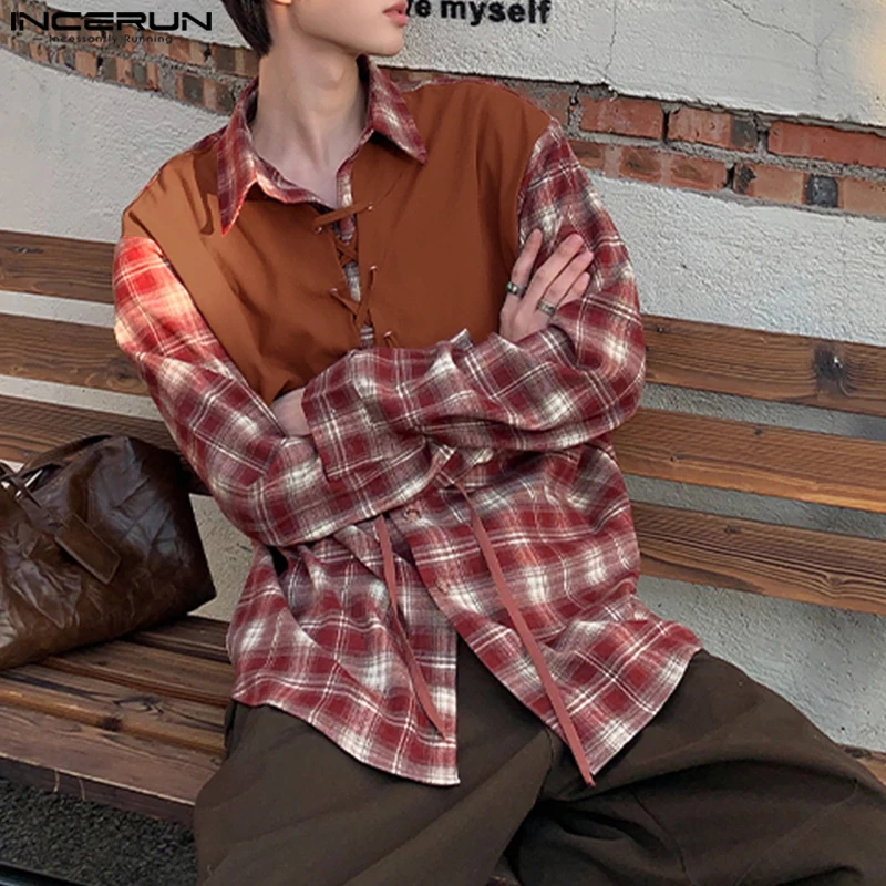 

INCERUN Мужская рубашка в клетку в стиле пэчворк с лацканами и длинным рукавом, свободная мужская одежда, уличная одежда, 2025 г., модные мужские рубашки на шнуровке и пуговицах, S-5XL