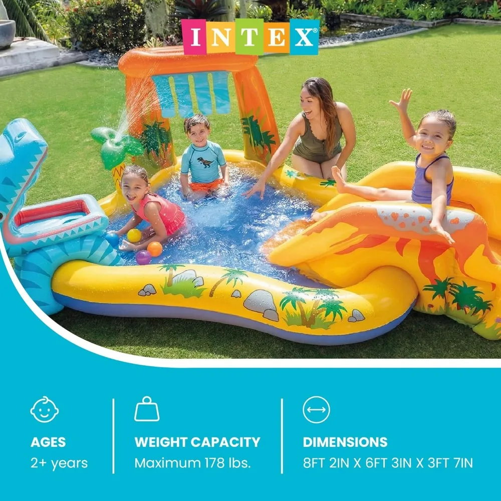 Inflatable Dinosaur Play Center, Outdoor Inflatable Water Park with Slide, Water Sprayer, Waterfall, 6 Balls, Kids Pool Playhour