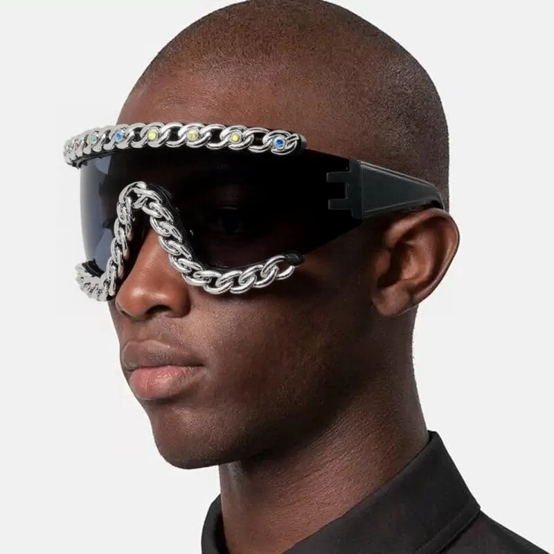

Oversized Y2K Futuristic One-piece Sunglasses for Women and Men Silver Chain Rhinestone Punk Style Sports Shade UV400 Goggles