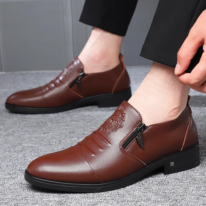 2025 Men's Dress Shoes Casual Men's Leather Shoes Business Pointed Male Loafers Slip-on Zipper Men Casual Shoes Chaussure Hommes