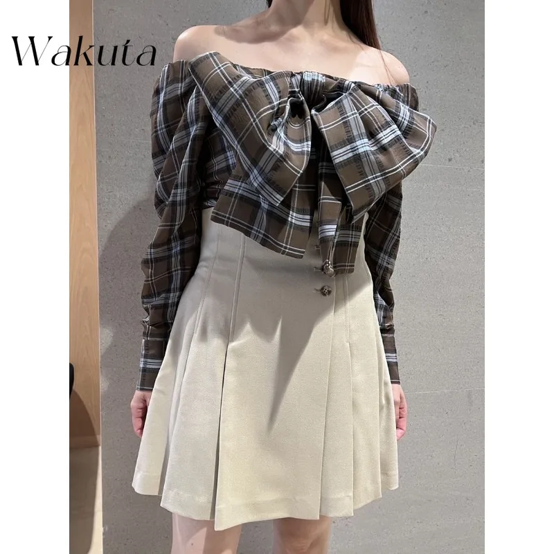 WAKUTA Japanese Classic Slim Fit Plaid High Waisted A-line Skirt with Single Breasted Autumn Elegant Pleated Faldas Women's Robe