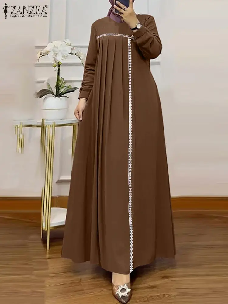 Elegant Women Pleated Maxi Dress Autumn Long Sleeve Patchwork Muslim Sundress Abaya ZANZEA Duabi Hijab Sundress Maxi Robe Femme