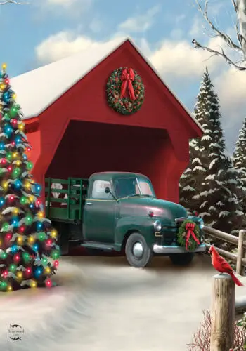 Snow Covered Bridge Christmas Garden Flag Pickup Truck Lights 12.5