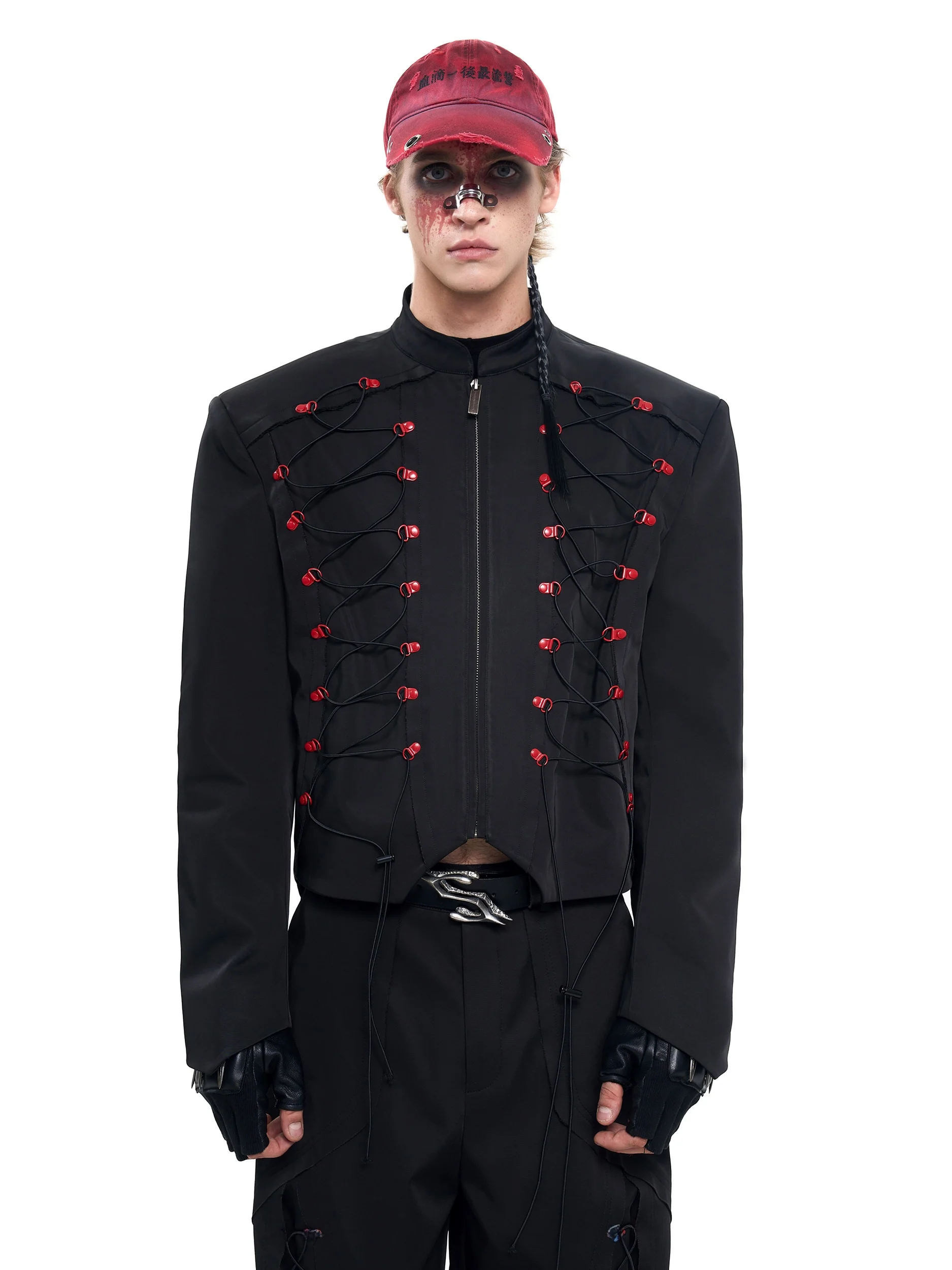 

Black Short Stand Collar Jacket for Men Original Rope Design Autumn Outerwear Loose Fit Polyester Fiber Youth Dark Style