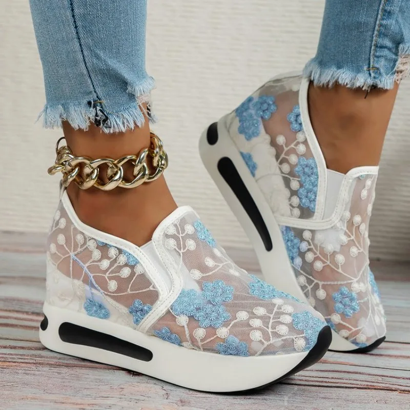 Women's Platform Sneakers Round Toe Slip-On Shoes Floral Embroidery Sheer Mesh-Look Upper Casual Everyday Walking Footwear Style