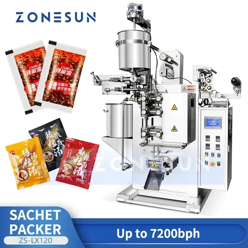 Máquina automática de embalagem de sachês ZONESUN ZS-LX120 |   Sacoche VFFS para molho, ketchup, pasta de pimenta, líquido, pó |   7200BPH