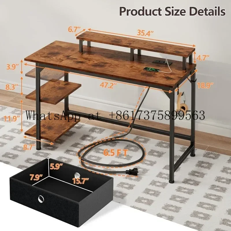 Desk with Outlets LED Lights 47 Inch Office Gaming Desk with Shelves Fabric Drawer Reversible Study