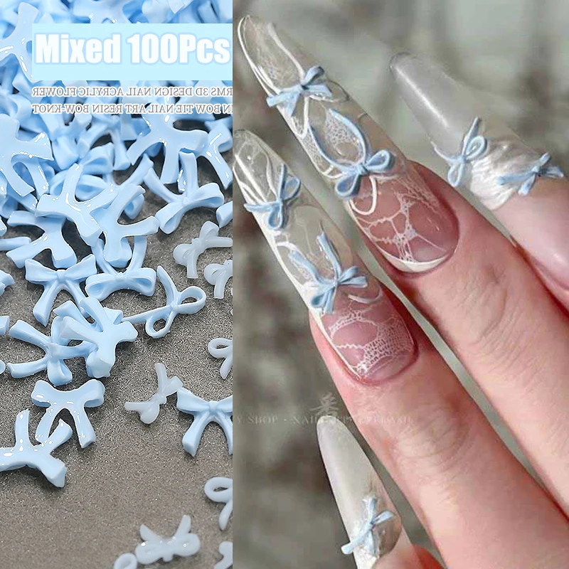 

100Pcs Mixed 3D French Blue Ribbon Bow Nail Charms Resin Sweet Bow-Tie Nail Art Decor 6/7/10mm Kawaii Blue Bow Nail Supplies