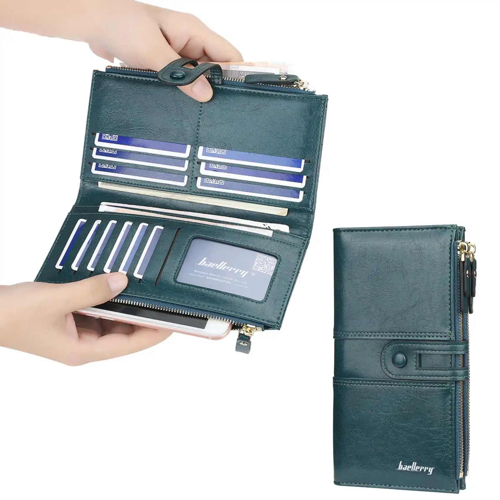 Große Kapazität Doppel-reißverschluss Schnalle Lange Leder Brieftasche Für Frauen Mode Multi-Slot Clutch Tasche Vintage Karte Halter Geldbörse – Detail 4