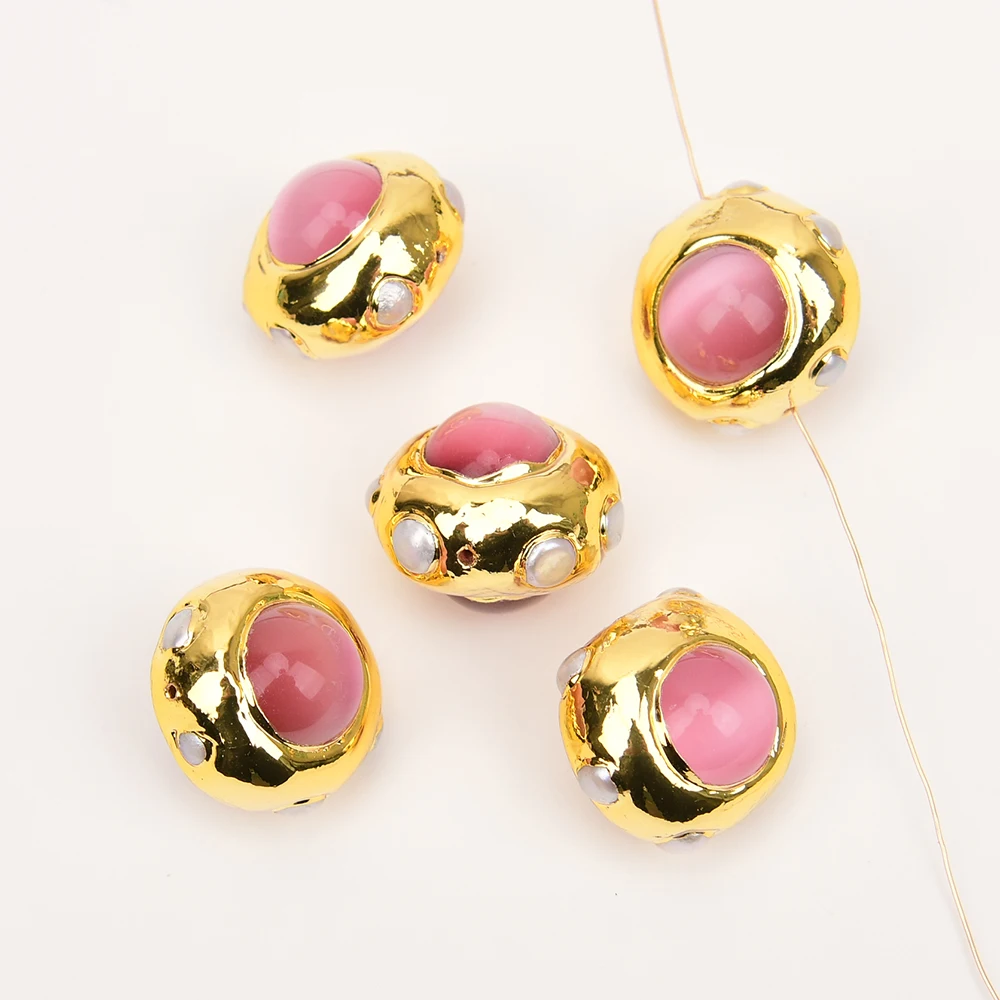 APDGG 10 Pcs Big 25mm Pink Cat Eye Cultured White Pearl Paved Gold Edge Plated Bezel Loose Beads Jewelry DIY