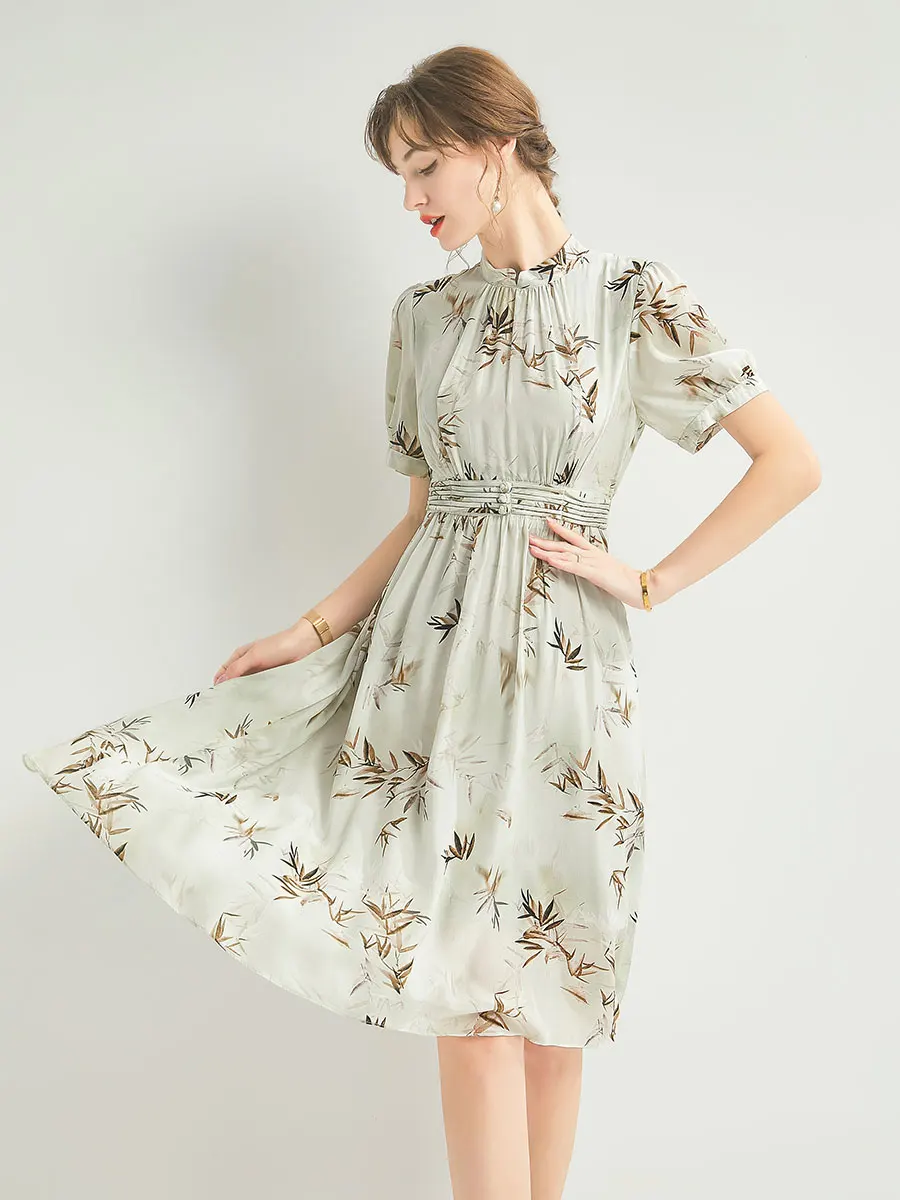 女性用の短い袖とシルクのドレス,ラウンドネックの女性用スーツ,100%,夏のファッション