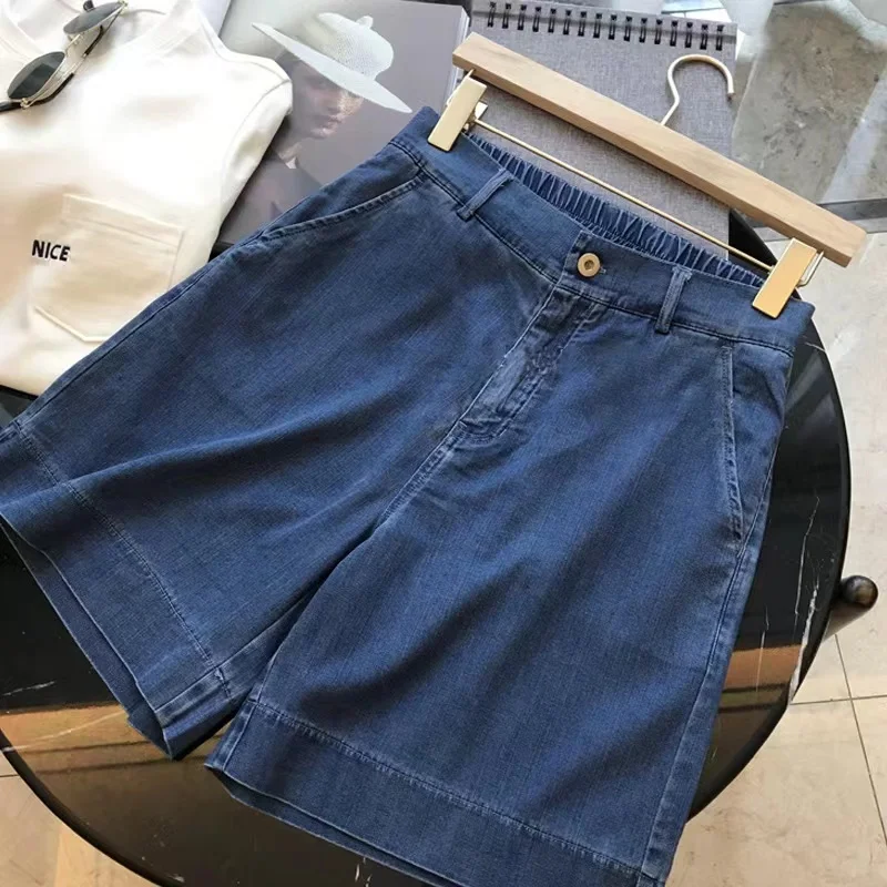 Short en Denim taille élastique pour femmes, ample, taille haute, jambe droite, jambes larges, demi-pantalon, loisirs, grande taille, été