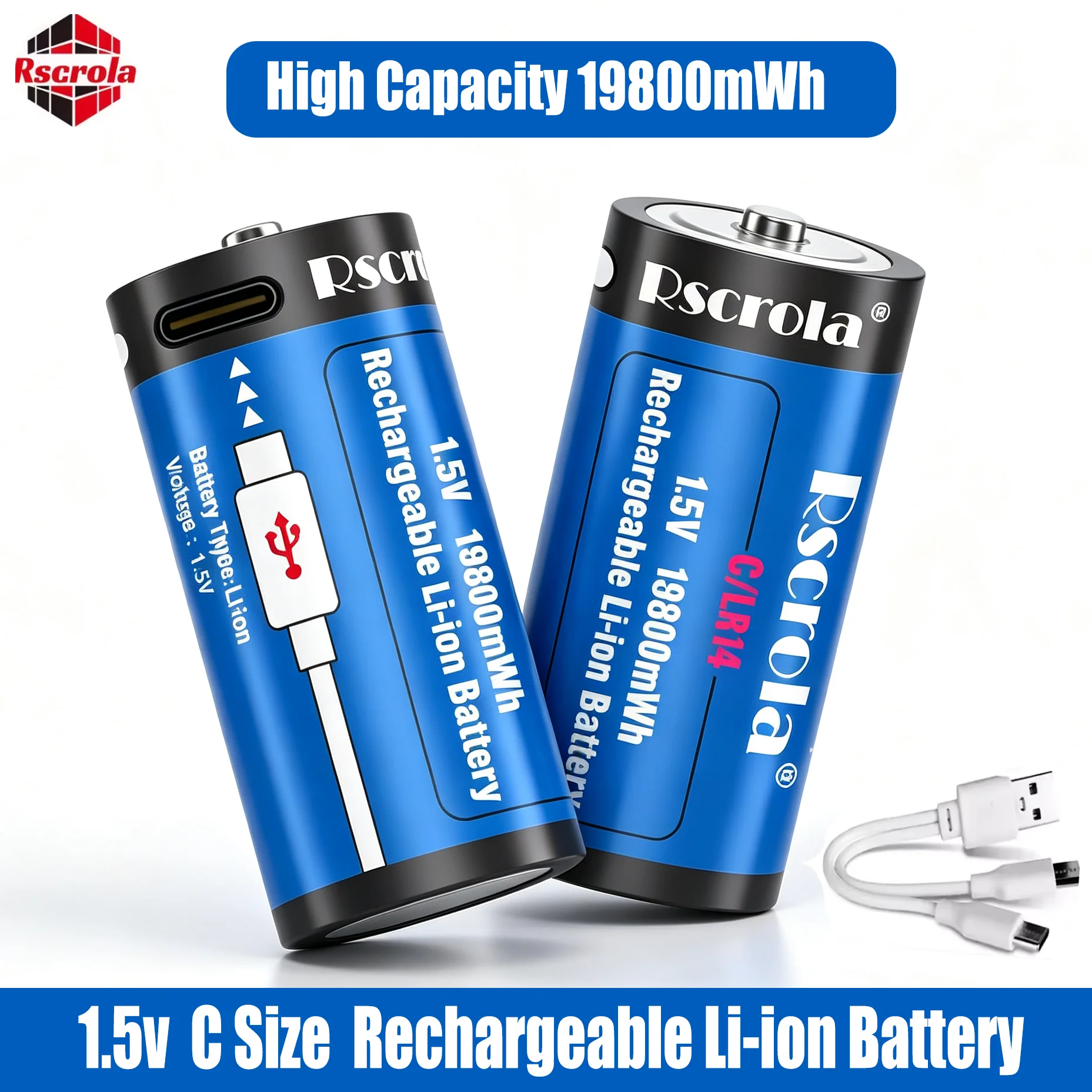 1.5V Rechargeable C Size  Lithium Battery LR14 Type-C Port  High Capacity 19800mWh for Flashlight Gas Cooker Water Heater Radios