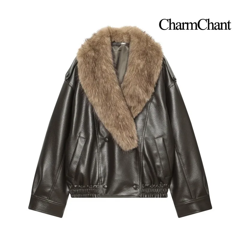 CHARMCHANT Women's Furry Collar Faux Leather Jacket Oversized Lapel Elastic Hem Button Moto Coat Streetwear 2026 Winter